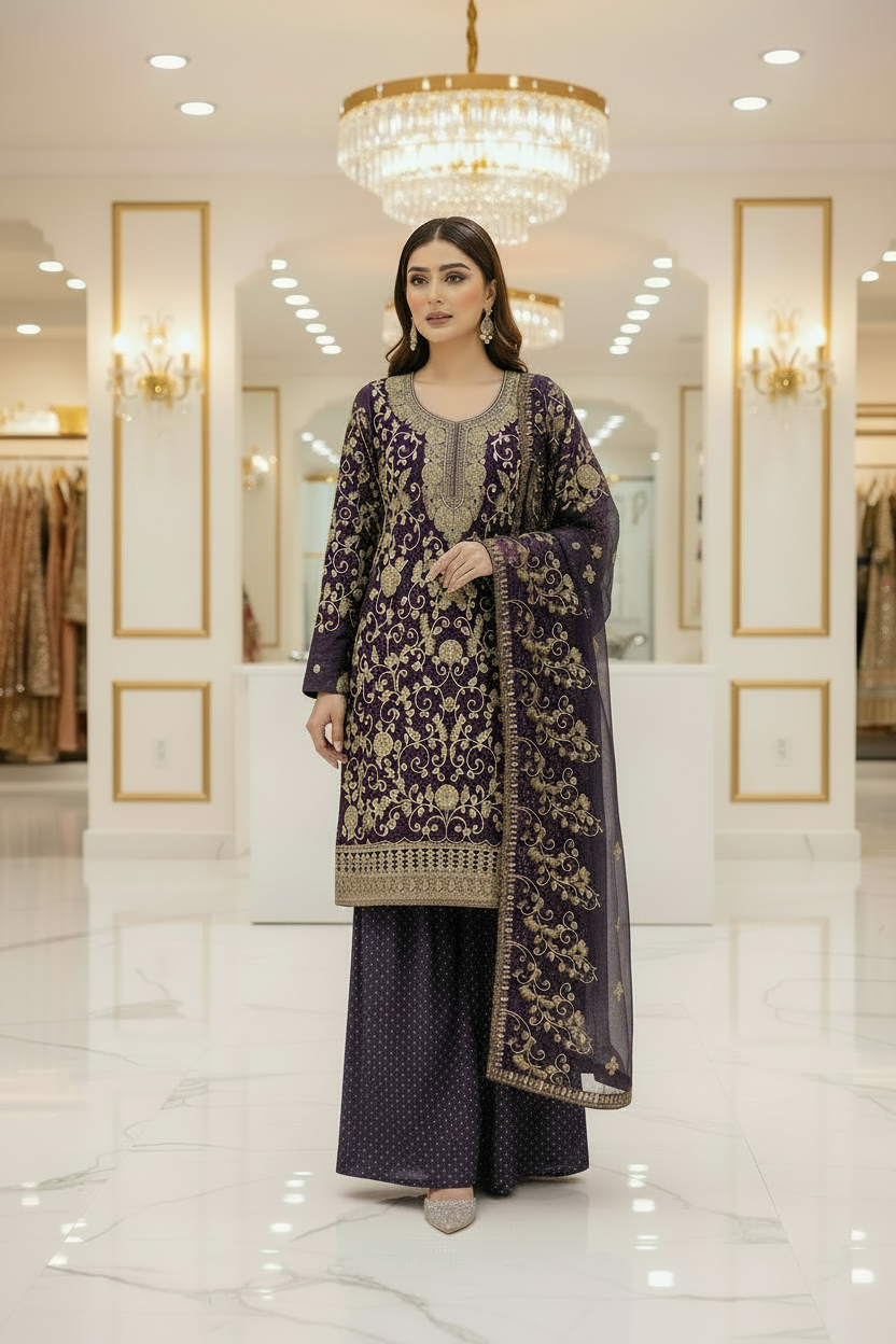 The Regal Stonework Ensemble: Heavy Zari & Stone Embroidered Shirt with Palazzo & Motif Dupatta – Deep Dusty Plum, Slate Grey, Mustard Yellow, Emerald Green, Dark Teal Blue & Lilac