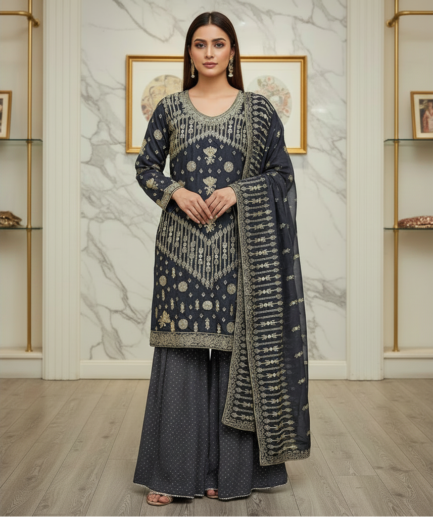 The Regal Stonework Ensemble: Heavy Zari & Stone Embroidered Shirt with Palazzo & Motif Dupatta – Deep Dusty Plum, Slate Grey, Mustard Yellow, Emerald Green, Dark Teal Blue & Lilac