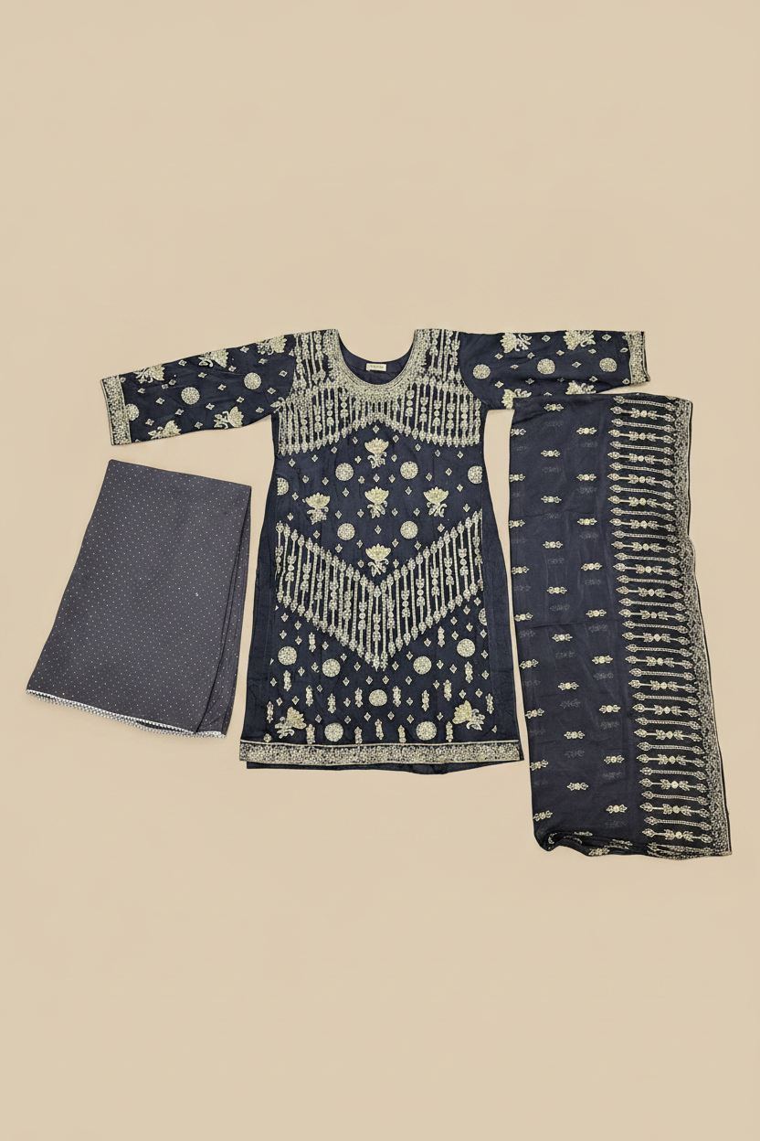 The Regal Stonework Ensemble: Heavy Zari & Stone Embroidered Shirt with Palazzo & Motif Dupatta – Deep Dusty Plum, Slate Grey, Mustard Yellow, Emerald Green, Dark Teal Blue & Lilac