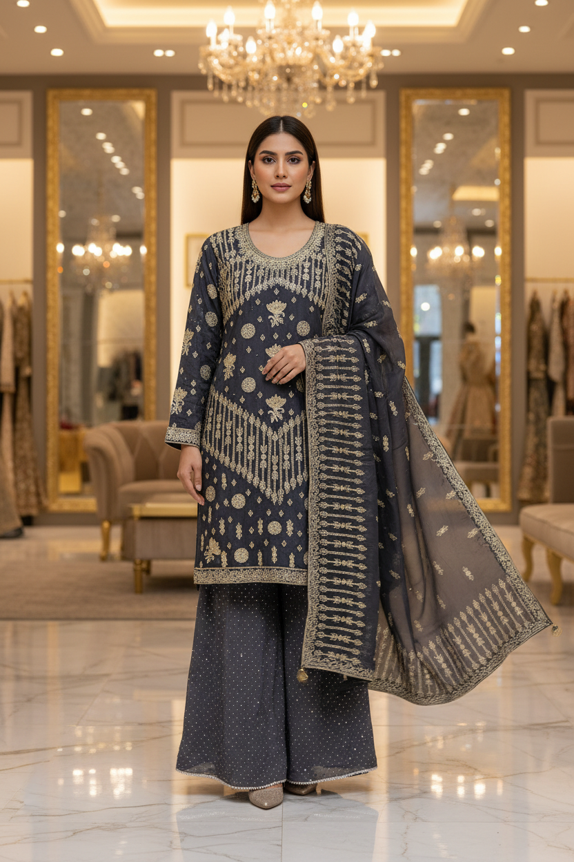 The Regal Stonework Ensemble: Heavy Zari & Stone Embroidered Shirt with Palazzo & Motif Dupatta – Deep Dusty Plum, Slate Grey, Mustard Yellow, Emerald Green, Dark Teal Blue & Lilac