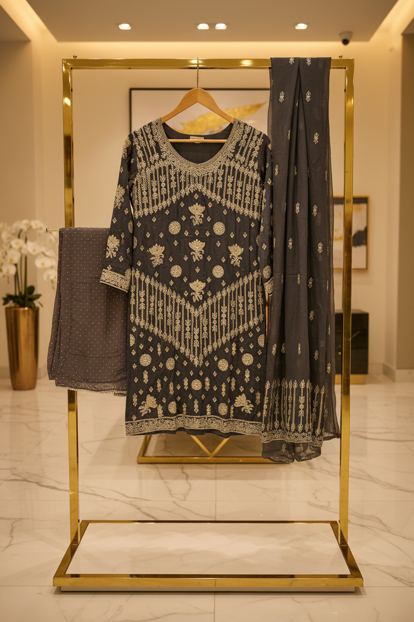 The Regal Stonework Ensemble: Heavy Zari & Stone Embroidered Shirt with Palazzo & Motif Dupatta – Deep Dusty Plum, Slate Grey, Mustard Yellow, Emerald Green, Dark Teal Blue & Lilac