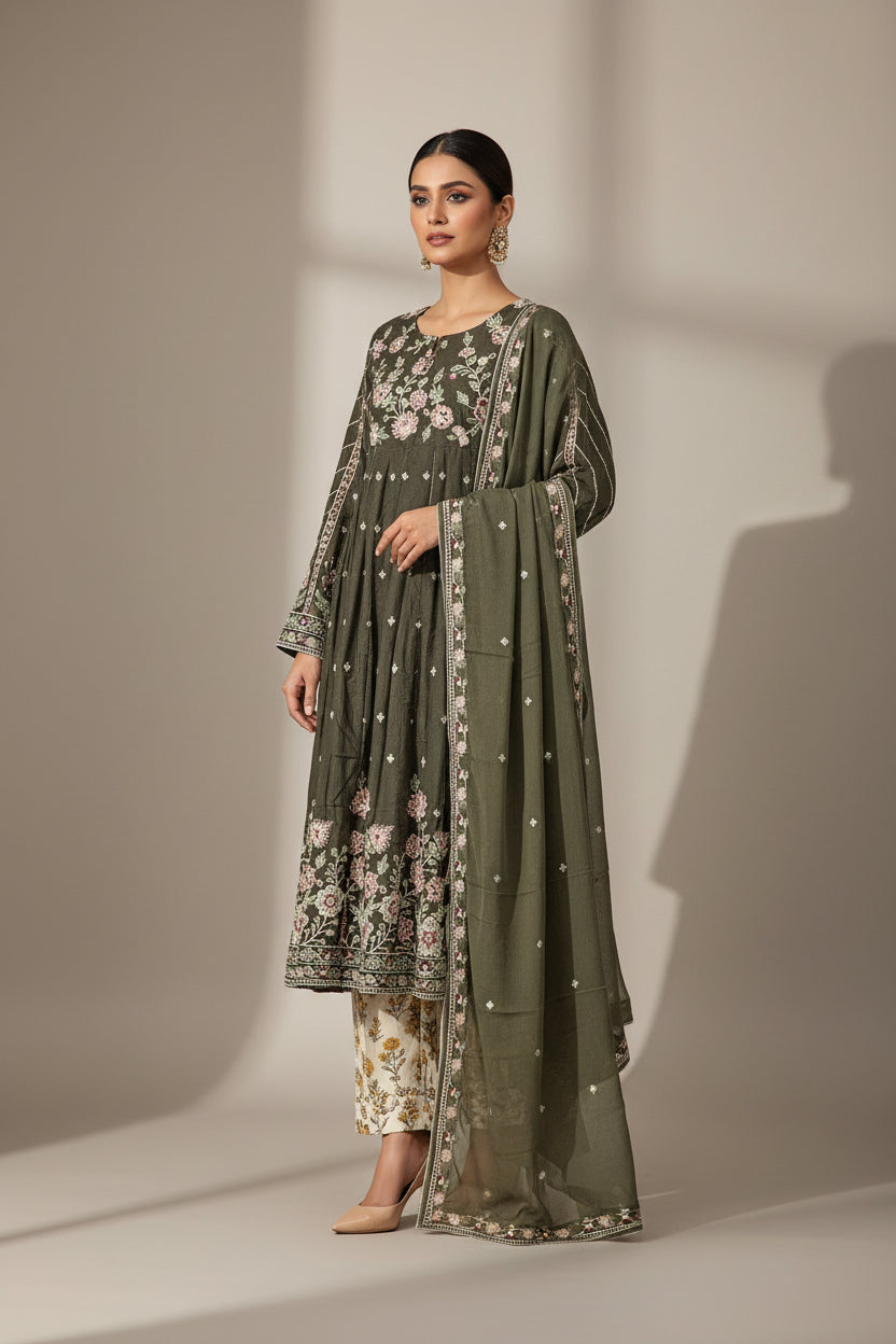 ETHN The Linen Luxe Edit: Embroidered Dress & Chiffon Dupatta – Deep Olive, Coral Rose, Teal Green & Macaroon Cream