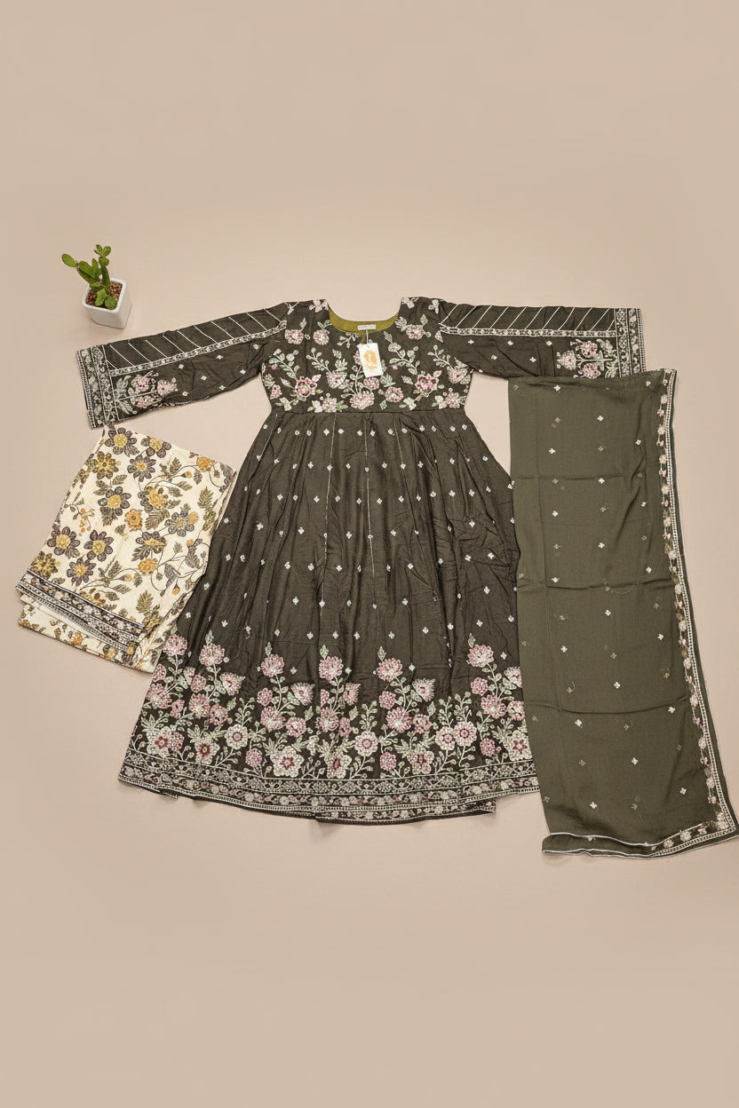 ETHN The Linen Luxe Edit: Embroidered Dress & Chiffon Dupatta – Deep Olive, Coral Rose, Teal Green & Macaroon Cream