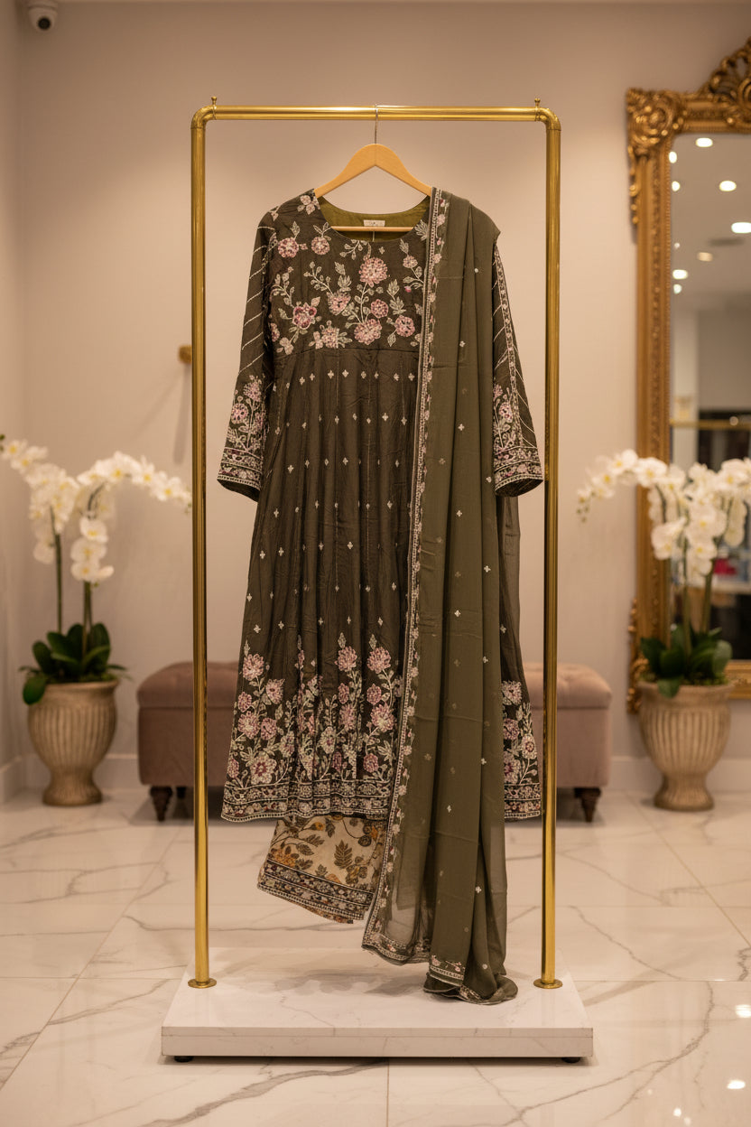 ETHN The Linen Luxe Edit: Embroidered Dress & Chiffon Dupatta – Deep Olive, Coral Rose, Teal Green & Macaroon Cream