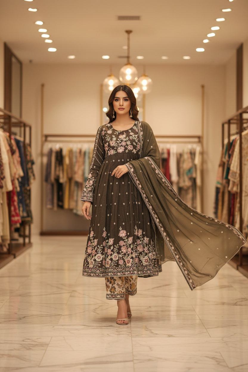 ETHN The Linen Luxe Edit: Embroidered Dress & Chiffon Dupatta – Deep Olive, Coral Rose, Teal Green & Macaroon Cream