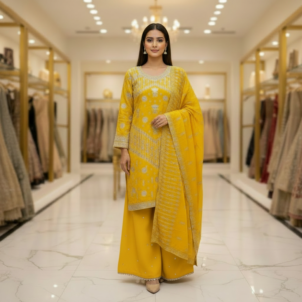 The Regal Stonework Ensemble: Heavy Zari & Stone Embroidered Shirt with Palazzo & Motif Dupatta – Deep Dusty Plum, Slate Grey, Mustard Yellow, Emerald Green, Dark Teal Blue & Lilac