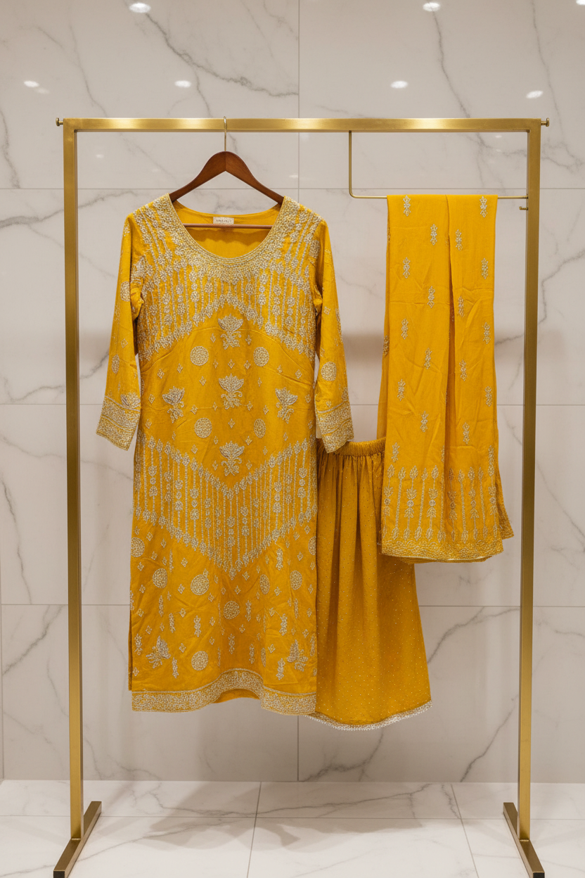 The Regal Stonework Ensemble: Heavy Zari & Stone Embroidered Shirt with Palazzo & Motif Dupatta – Deep Dusty Plum, Slate Grey, Mustard Yellow, Emerald Green, Dark Teal Blue & Lilac