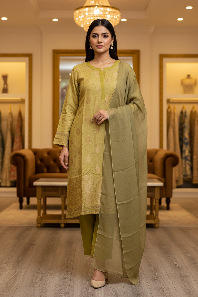 The Jacquard Affair: Textured Viscose Kameez with Chiffon Dupatta – Mustard & Olive
