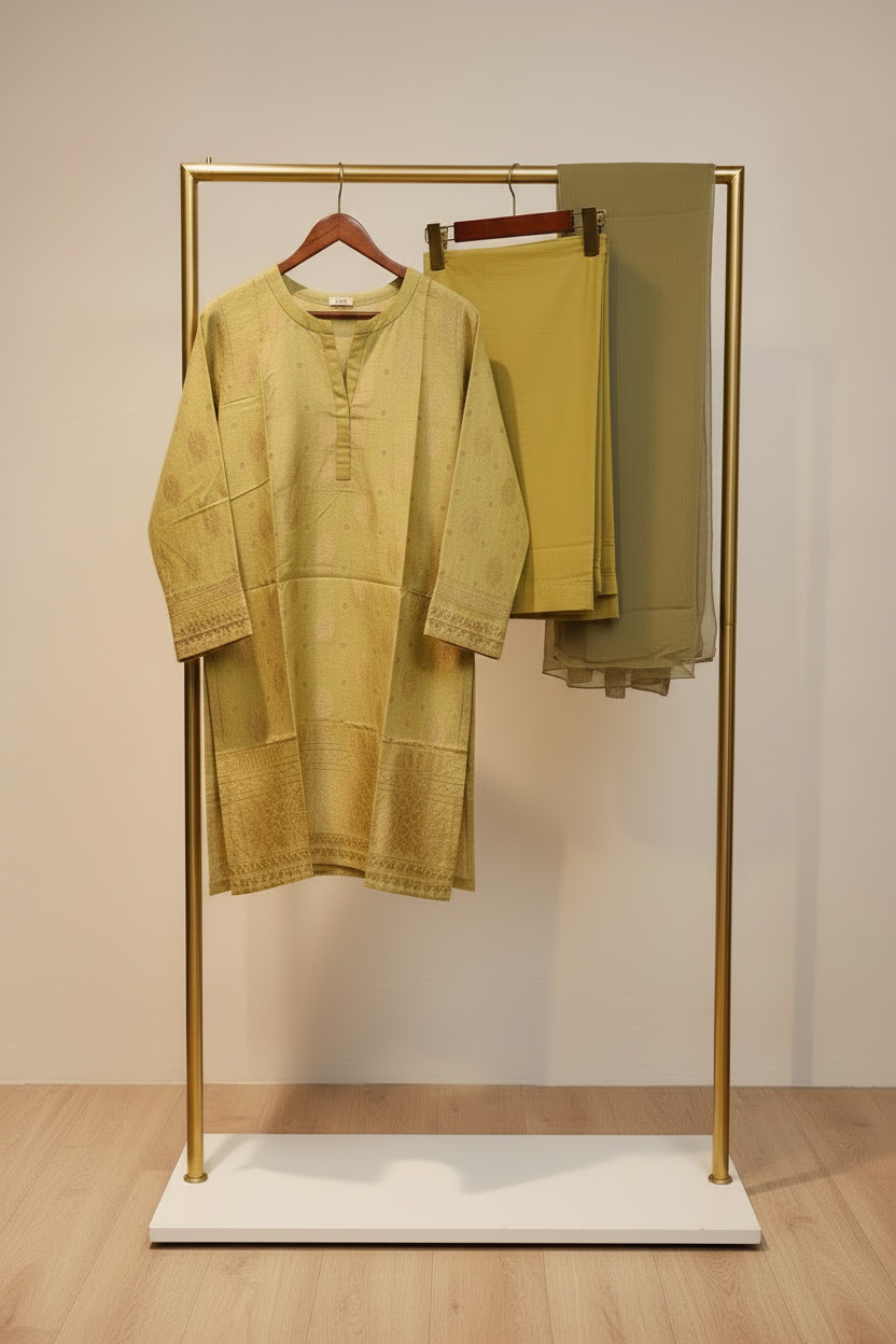 The Jacquard Affair: Textured Viscose Kameez with Chiffon Dupatta – Mustard & Olive