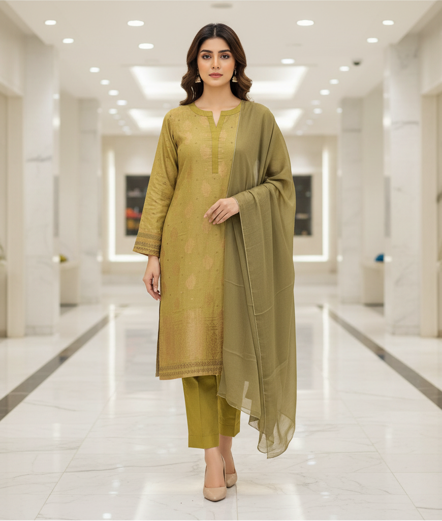 The Jacquard Affair: Textured Viscose Kameez with Chiffon Dupatta – Mustard & Olive