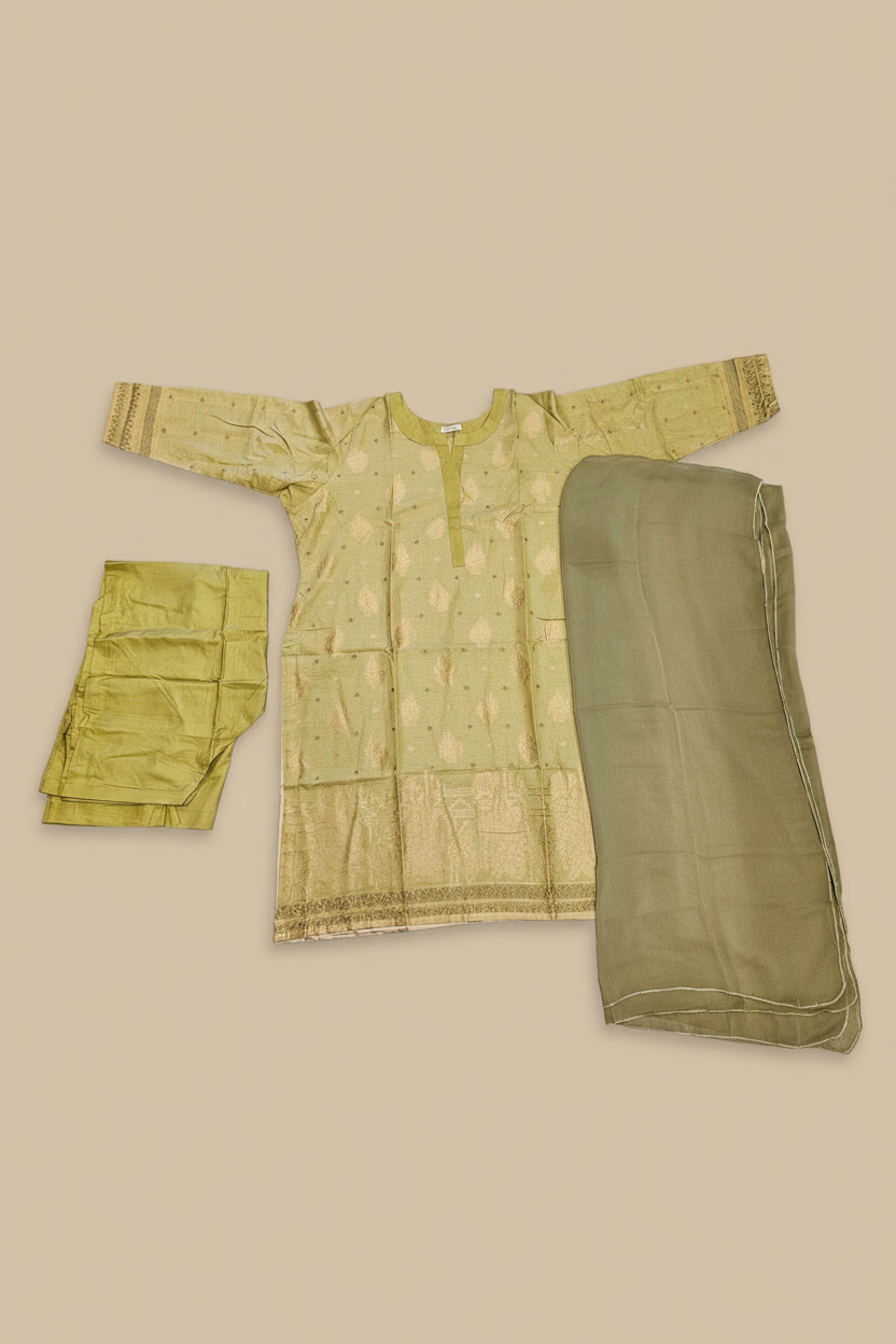 The Jacquard Affair: Textured Viscose Kameez with Chiffon Dupatta – Mustard & Olive