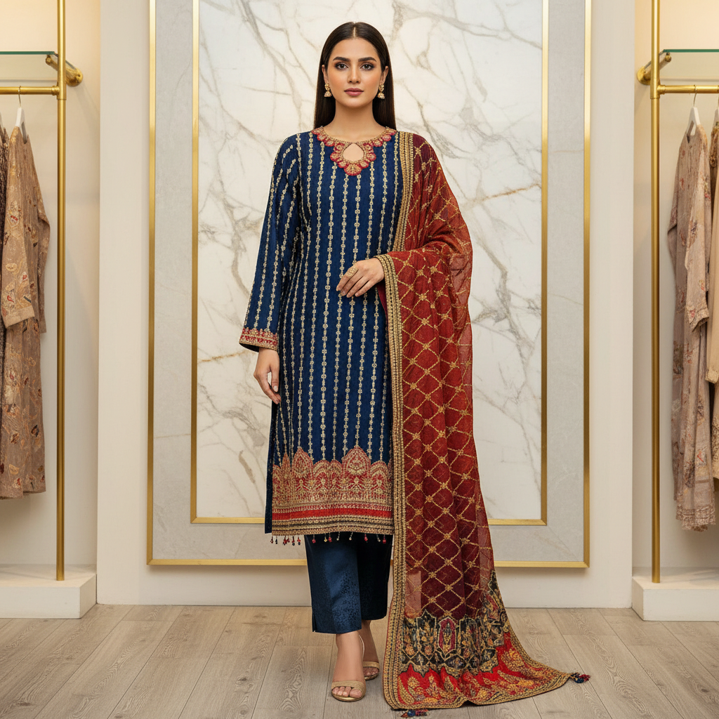The Complete Eight: Luxury Embroidered Chiffon Suit with Self Jacquard Trousers – 8 Colourways