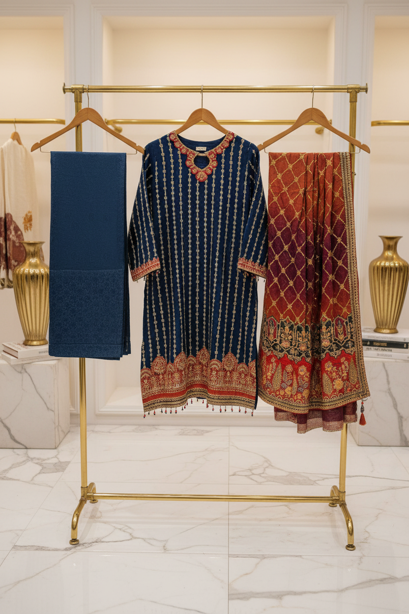 The Complete Eight: Luxury Embroidered Chiffon Suit with Self Jacquard Trousers – 8 Colourways