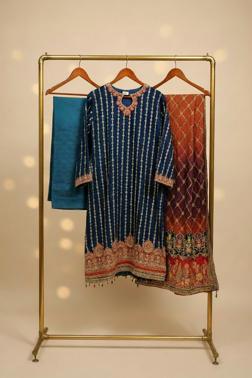 The Complete Eight: Luxury Embroidered Chiffon Suit with Self Jacquard Trousers – 8 Colourways
