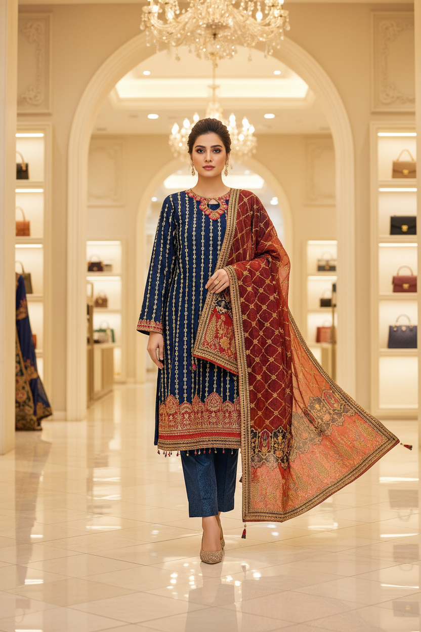 The Complete Eight: Luxury Embroidered Chiffon Suit with Self Jacquard Trousers – 8 Colourways