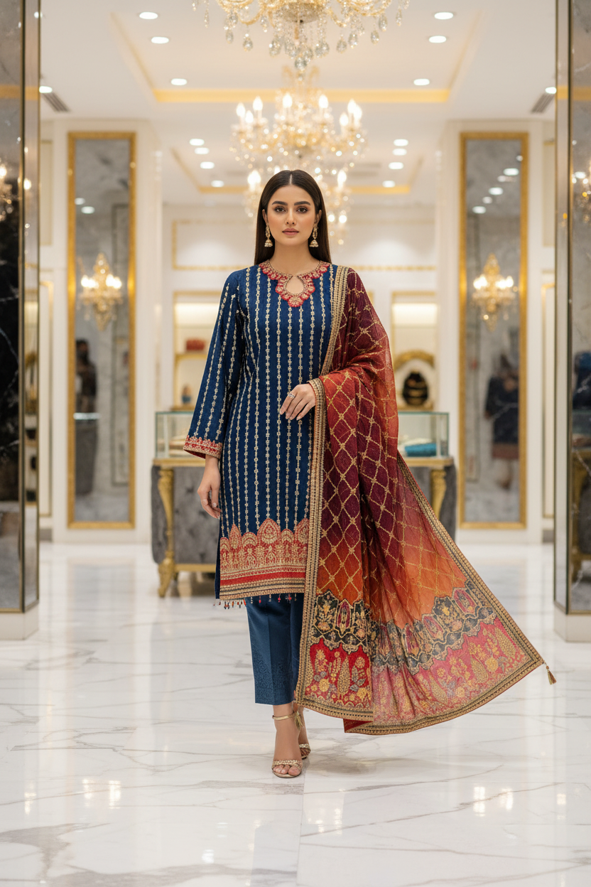 The Complete Eight: Luxury Embroidered Chiffon Suit with Self Jacquard Trousers – 8 Colourways