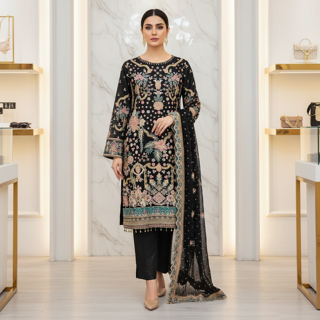 The Complete Eight: Luxury Embroidered Chiffon Suit with Self Jacquard Trousers – 8 Colourways