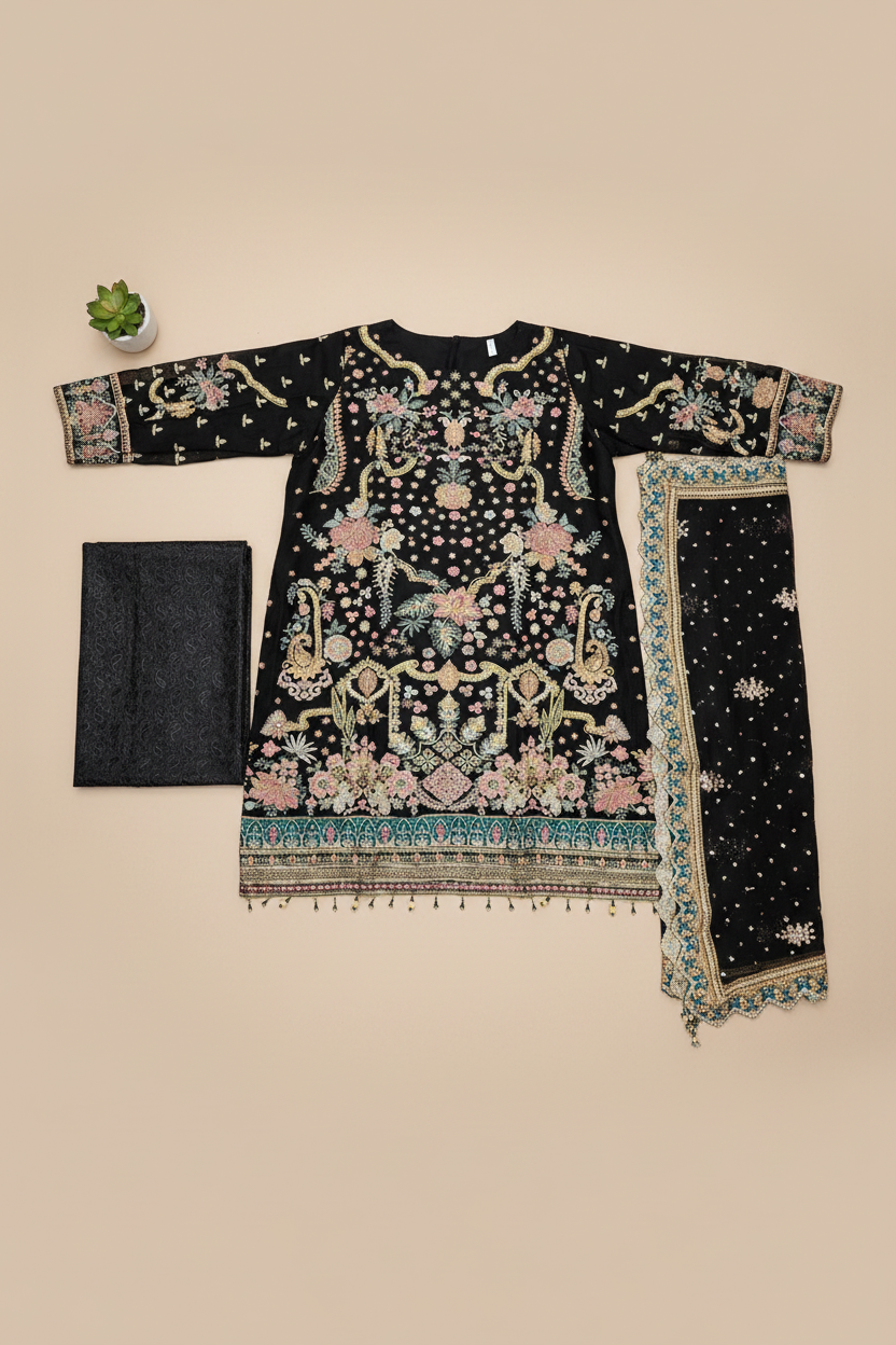 The Complete Eight: Luxury Embroidered Chiffon Suit with Self Jacquard Trousers – 8 Colourways