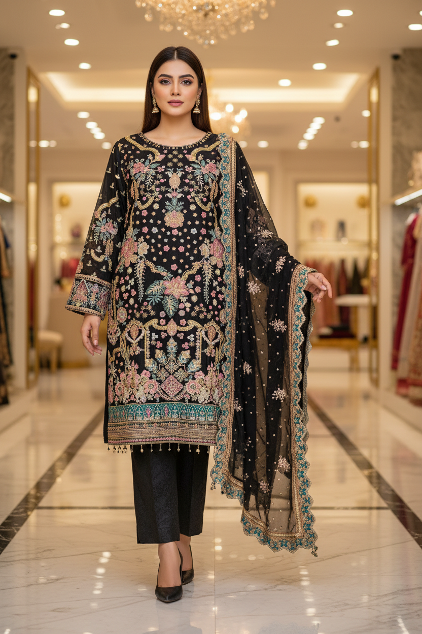 The Complete Eight: Luxury Embroidered Chiffon Suit with Self Jacquard Trousers – 8 Colourways