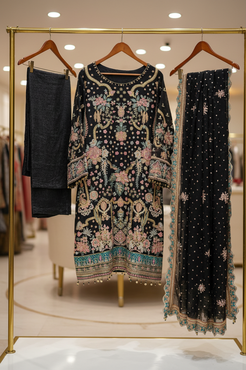 The Complete Eight: Luxury Embroidered Chiffon Suit with Self Jacquard Trousers – 8 Colourways
