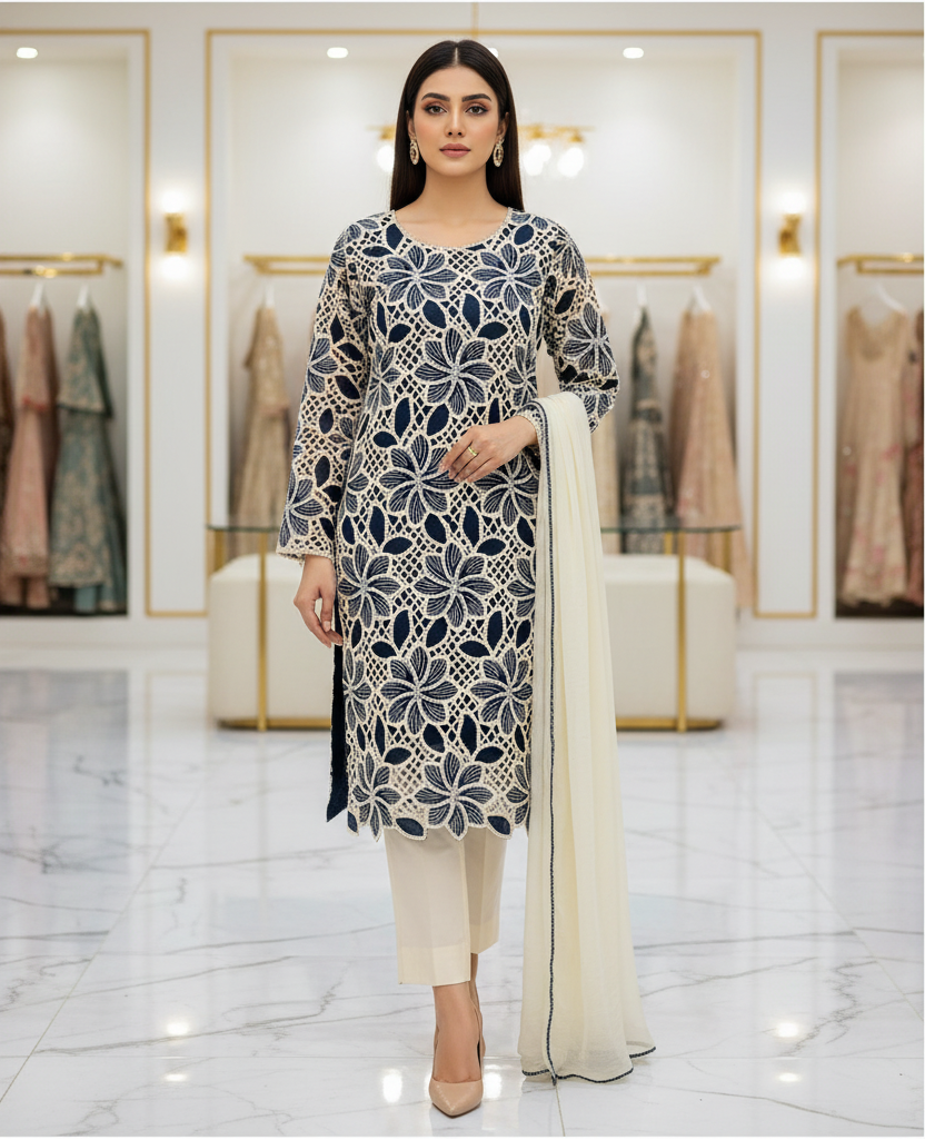 Soft Cotton | Crochet Cutwork Suit | Fully Lined Shirt and Sleeves | Chiffon Dupatta | Cotton Trouser | Midnight Blue, Mustard Yellow, Light Denim Blue, Rich Violet & Space Blue