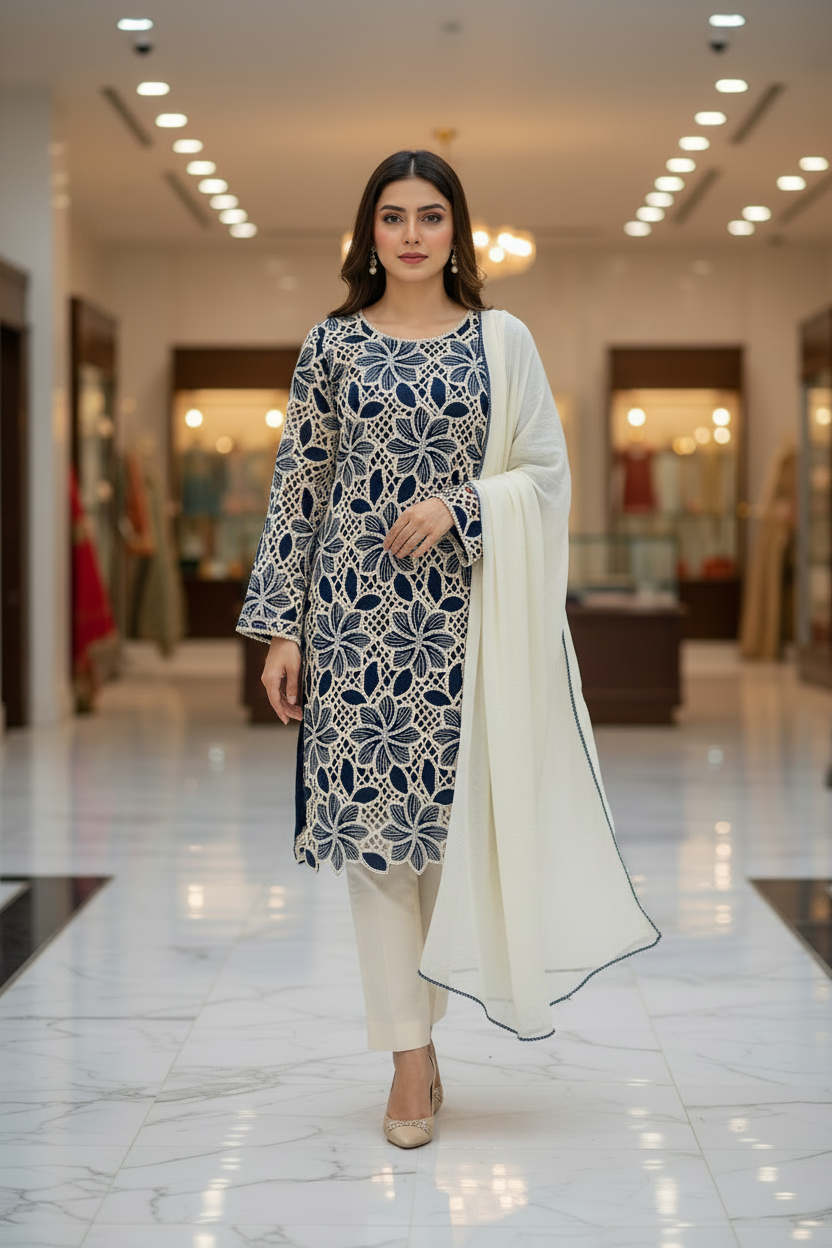 Soft Cotton | Crochet Cutwork Suit | Fully Lined Shirt and Sleeves | Chiffon Dupatta | Cotton Trouser | Midnight Blue, Mustard Yellow, Light Denim Blue, Rich Violet & Space Blue