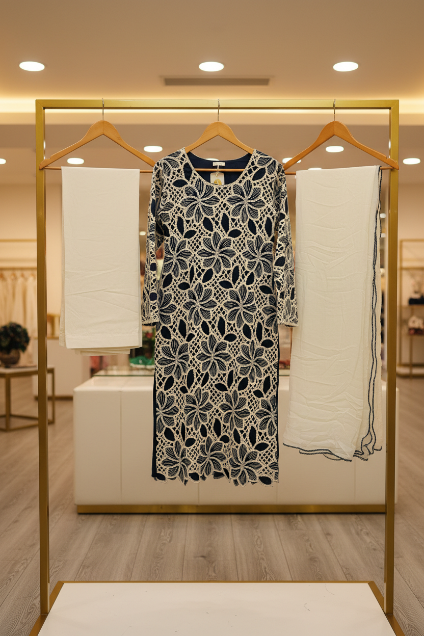 Soft Cotton | Crochet Cutwork Suit | Fully Lined Shirt and Sleeves | Chiffon Dupatta | Cotton Trouser | Midnight Blue, Mustard Yellow, Light Denim Blue, Rich Violet & Space Blue