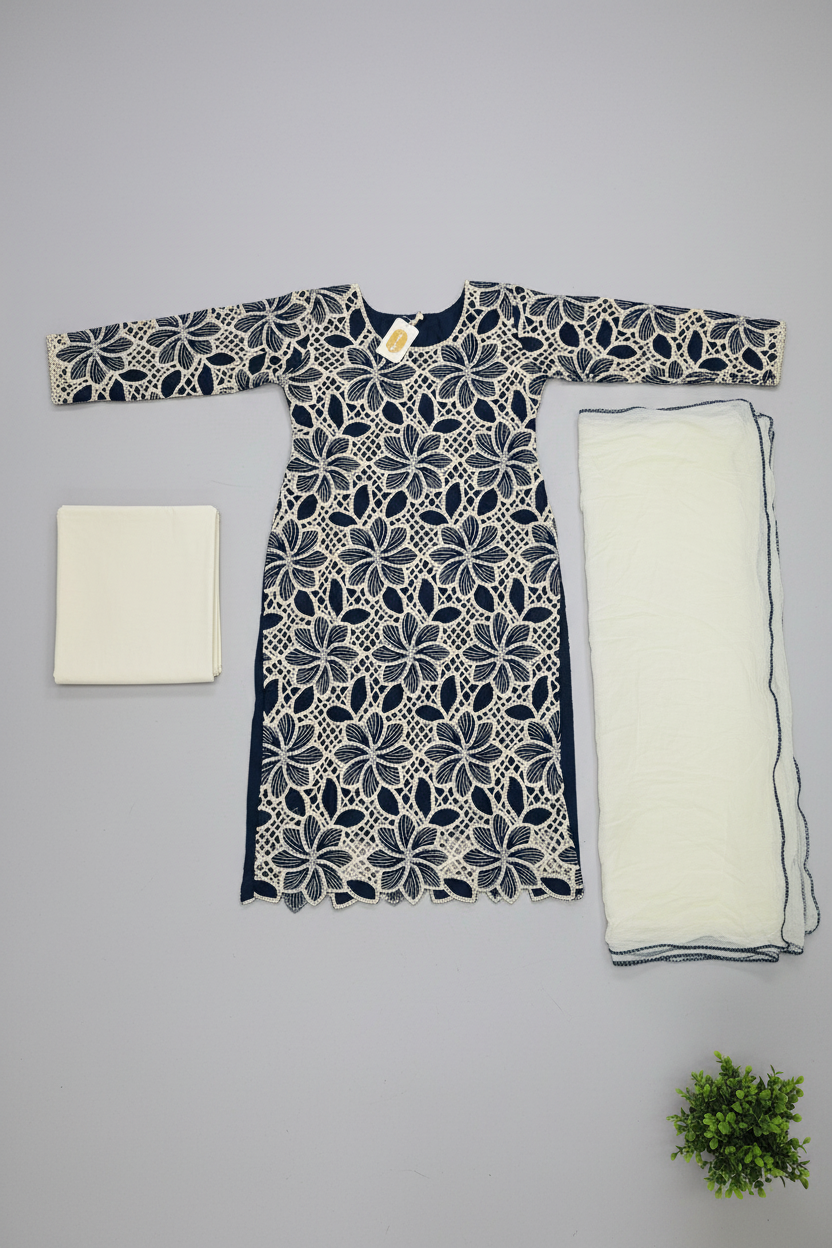 Soft Cotton | Crochet Cutwork Suit | Fully Lined Shirt and Sleeves | Chiffon Dupatta | Cotton Trouser | Midnight Blue, Mustard Yellow, Light Denim Blue, Rich Violet & Space Blue