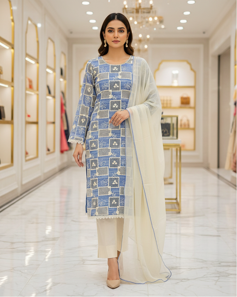 Soft Cotton | Crochet Cutwork Suit | Fully Lined Shirt and Sleeves | Chiffon Dupatta | Cotton Trouser | Midnight Blue, Mustard Yellow, Light Denim Blue, Rich Violet & Space Blue