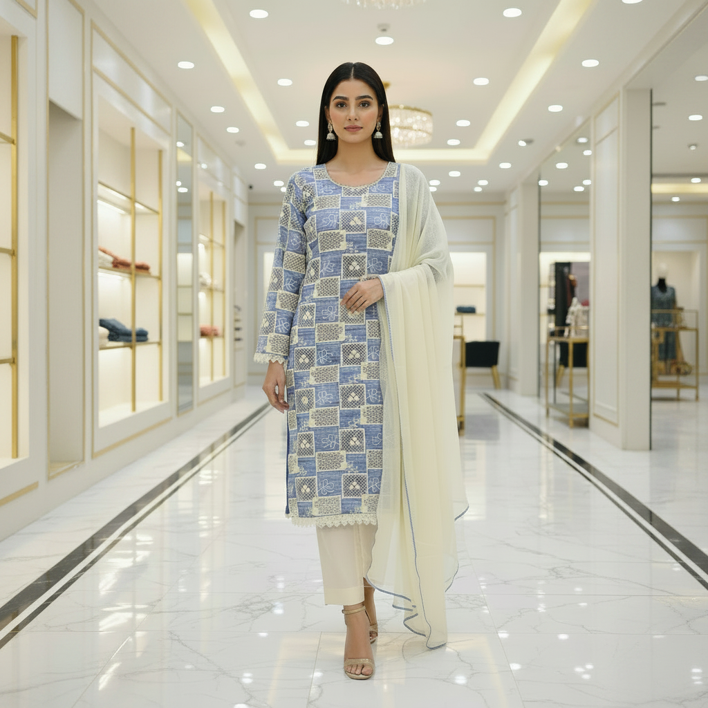 Soft Cotton | Crochet Cutwork Suit | Fully Lined Shirt and Sleeves | Chiffon Dupatta | Cotton Trouser | Midnight Blue, Mustard Yellow, Light Denim Blue, Rich Violet & Space Blue