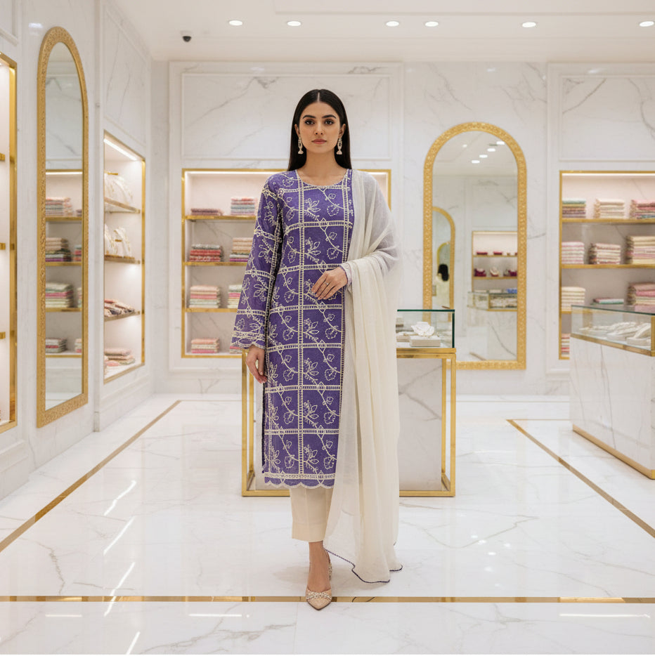 Soft Cotton | Crochet Cutwork Suit | Fully Lined Shirt and Sleeves | Chiffon Dupatta | Cotton Trouser | Midnight Blue, Mustard Yellow, Light Denim Blue, Rich Violet & Space Blue