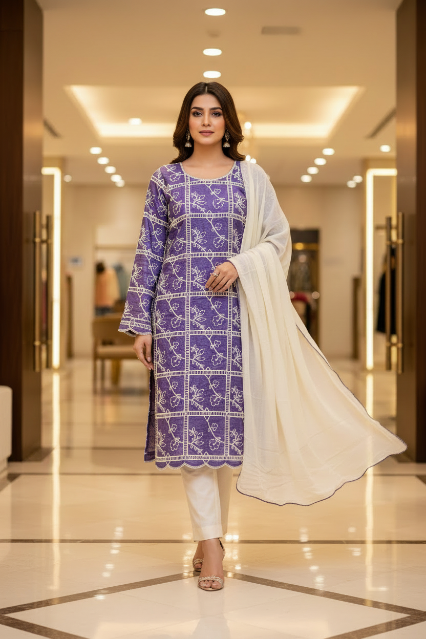 Soft Cotton | Crochet Cutwork Suit | Fully Lined Shirt and Sleeves | Chiffon Dupatta | Cotton Trouser | Midnight Blue, Mustard Yellow, Light Denim Blue, Rich Violet & Space Blue