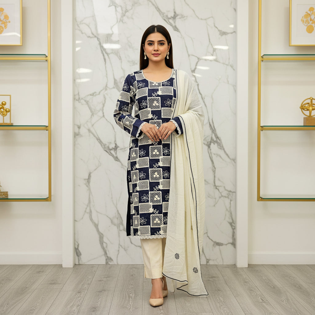 Soft Cotton | Crochet Cutwork Suit | Fully Lined Shirt and Sleeves | Chiffon Dupatta | Cotton Trouser | Midnight Blue, Mustard Yellow, Light Denim Blue, Rich Violet & Space Blue