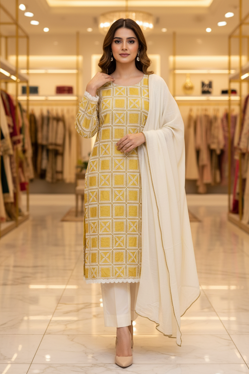 Soft Cotton | Crochet Cutwork Suit | Fully Lined Shirt and Sleeves | Chiffon Dupatta | Cotton Trouser | Midnight Blue, Mustard Yellow, Light Denim Blue, Rich Violet & Space Blue