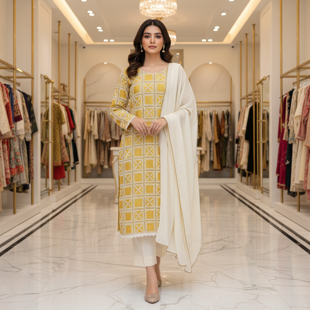 Soft Cotton | Crochet Cutwork Suit | Fully Lined Shirt and Sleeves | Chiffon Dupatta | Cotton Trouser | Midnight Blue, Mustard Yellow, Light Denim Blue, Rich Violet & Space Blue