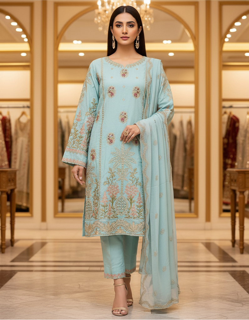 MB Festive Craft: Laser Cut & Sequin Embroidered Shirt – Tyrian Purple, Midnight Green, Heather Mauve & Powder Blue | Eid Outfit