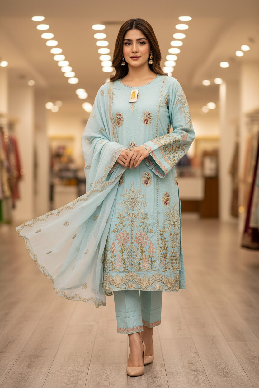 MB Festive Craft: Laser Cut & Sequin Embroidered Shirt – Tyrian Purple, Midnight Green, Heather Mauve & Powder Blue | Eid Outfit