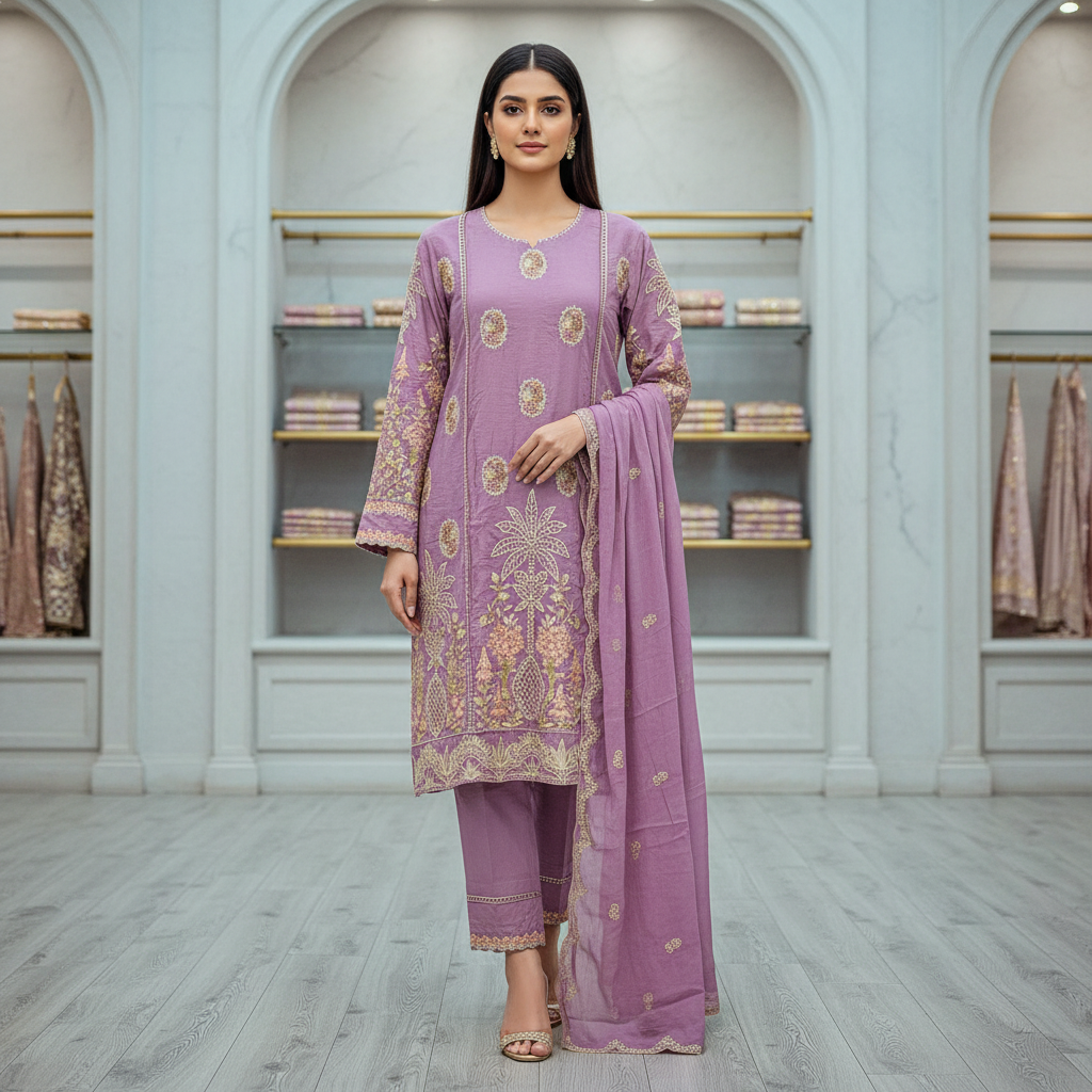 MB Festive Craft: Laser Cut & Sequin Embroidered Shirt – Tyrian Purple, Midnight Green, Heather Mauve & Powder Blue | Eid Outfit