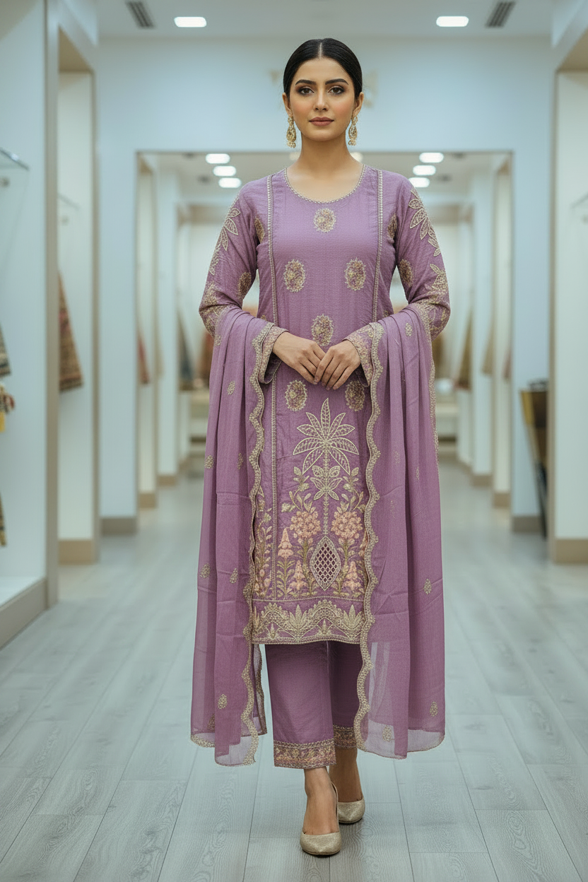 MB Festive Craft: Laser Cut & Sequin Embroidered Shirt – Tyrian Purple, Midnight Green, Heather Mauve & Powder Blue | Eid Outfit