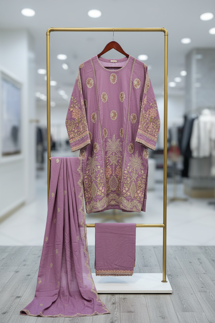 MB Festive Craft: Laser Cut & Sequin Embroidered Shirt – Tyrian Purple, Midnight Green, Heather Mauve & Powder Blue | Eid Outfit