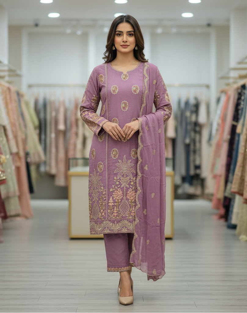 MB Festive Craft: Laser Cut & Sequin Embroidered Shirt – Tyrian Purple, Midnight Green, Heather Mauve & Powder Blue | Eid Outfit