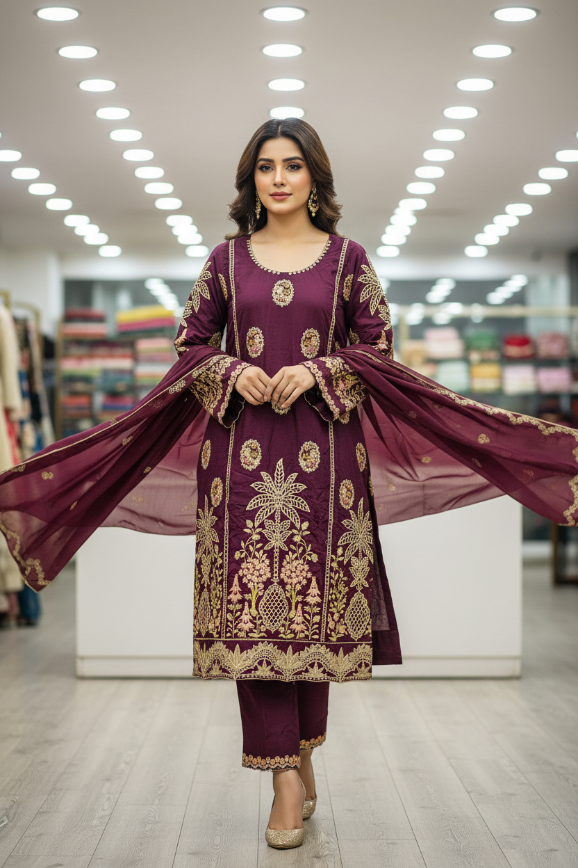 MB Festive Craft: Laser Cut & Sequin Embroidered Shirt – Tyrian Purple, Midnight Green, Heather Mauve & Powder Blue | Eid Outfit