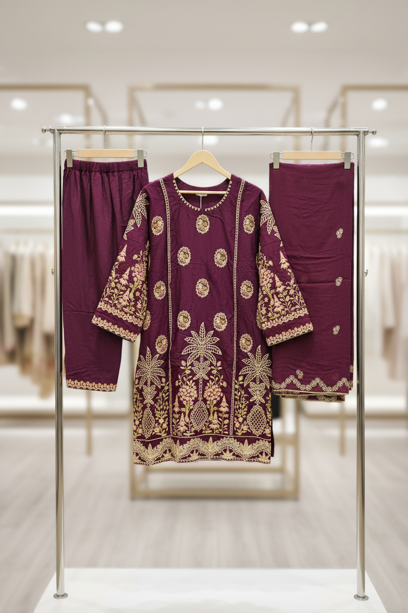 MB Festive Craft: Laser Cut & Sequin Embroidered Shirt – Tyrian Purple, Midnight Green, Heather Mauve & Powder Blue | Eid Outfit