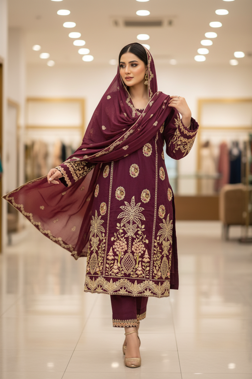 MB Festive Craft: Laser Cut & Sequin Embroidered Shirt – Tyrian Purple, Midnight Green, Heather Mauve & Powder Blue | Eid Outfit