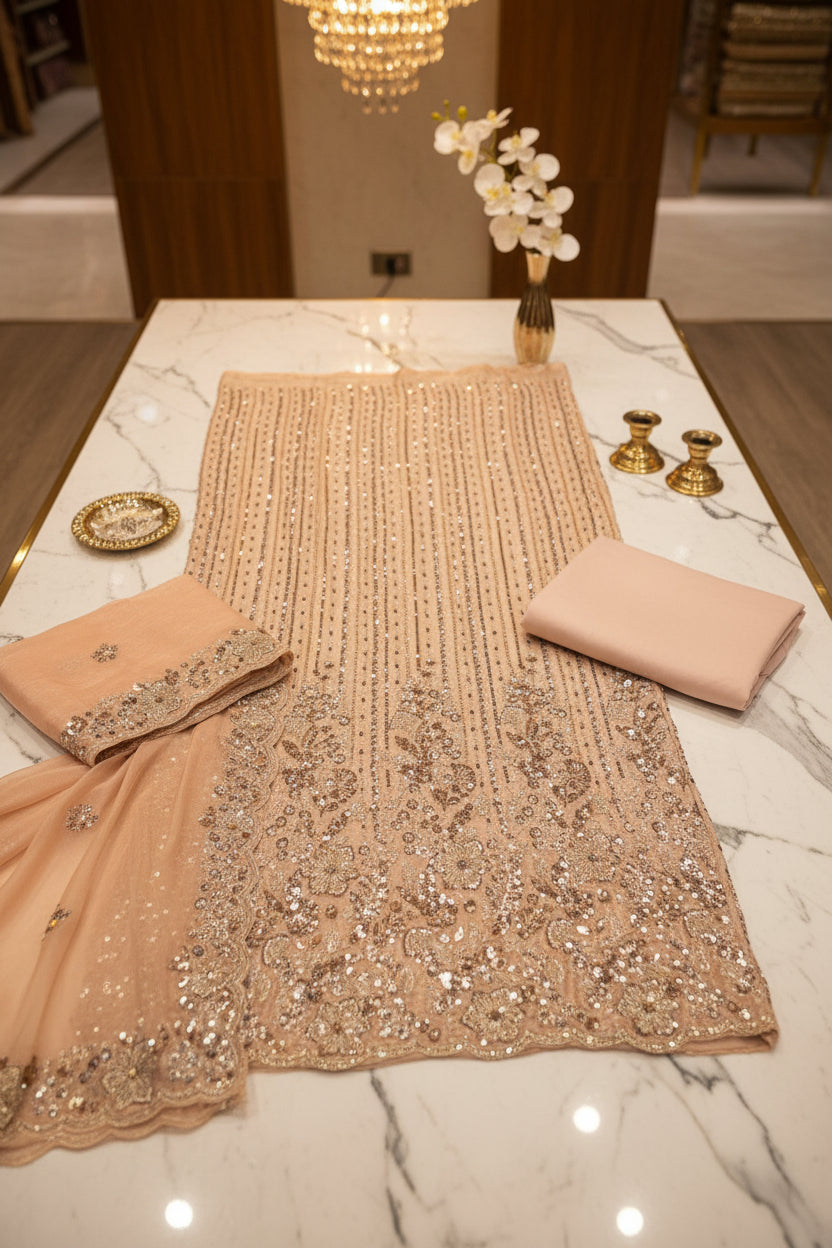 Heavy Embroidered Unstitched Pure Silk Suit for Women | Zari, Sequins, Pearl and Stone Work| 11 Colour Options