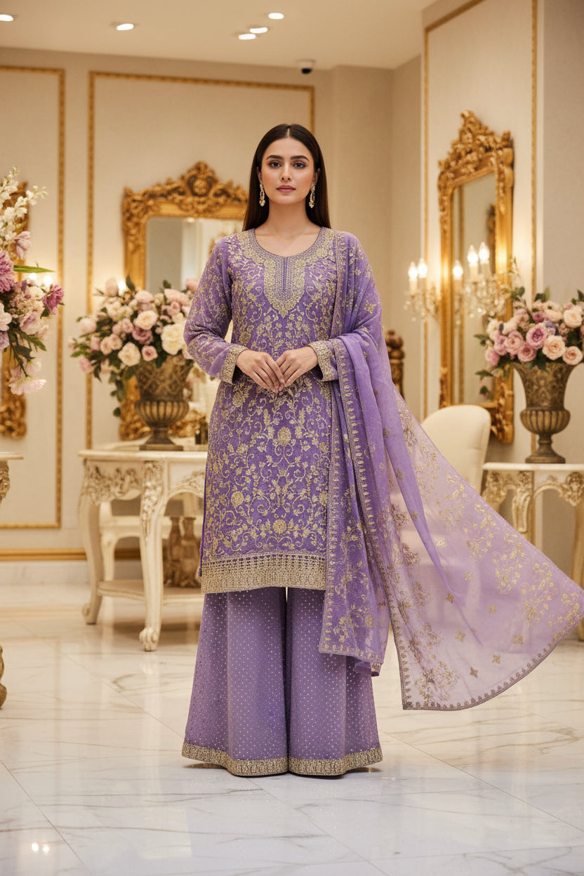 The Regal Stonework Ensemble: Heavy Zari & Stone Embroidered Shirt with Palazzo & Motif Dupatta – Deep Dusty Plum, Slate Grey, Mustard Yellow, Emerald Green, Dark Teal Blue & Lilac