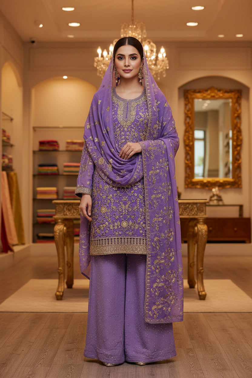 The Regal Stonework Ensemble: Heavy Zari & Stone Embroidered Shirt with Palazzo & Motif Dupatta – Deep Dusty Plum, Slate Grey, Mustard Yellow, Emerald Green, Dark Teal Blue & Lilac