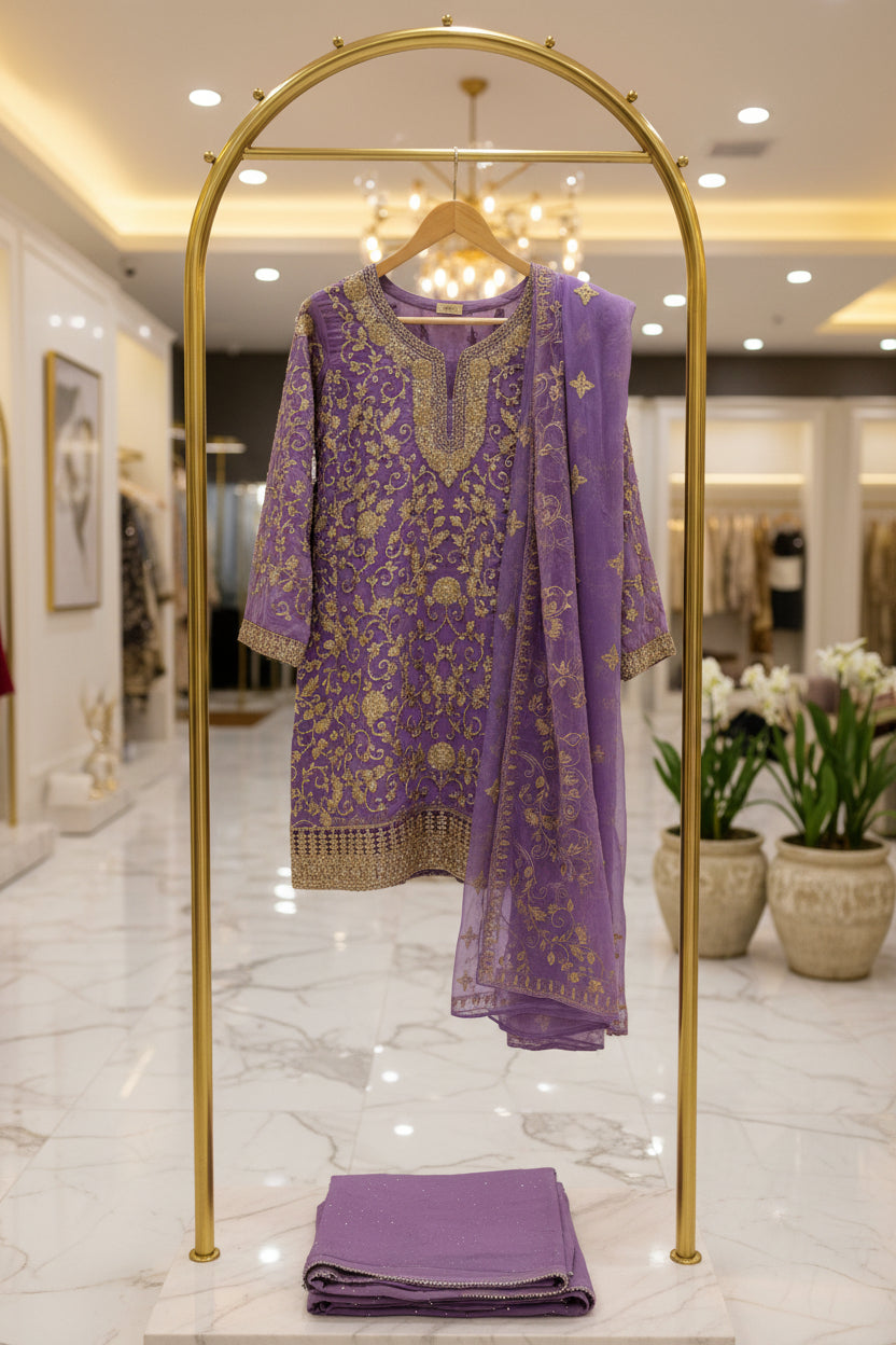 The Regal Stonework Ensemble: Heavy Zari & Stone Embroidered Shirt with Palazzo & Motif Dupatta – Deep Dusty Plum, Slate Grey, Mustard Yellow, Emerald Green, Dark Teal Blue & Lilac