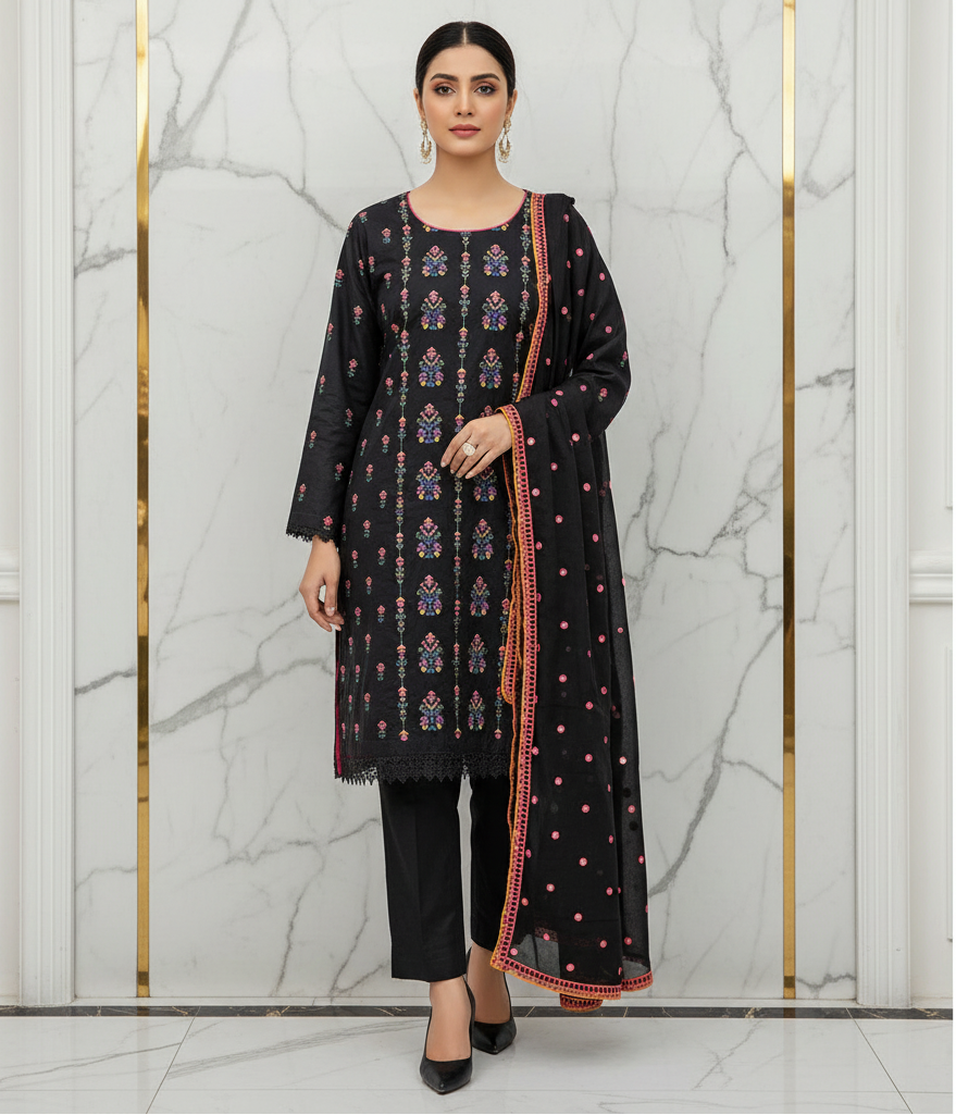 SBR The Midnight Bloom: Pure Cotton Heavy Thread Work Ensemble – Black & Deep Navy Blue with Multi Colour Embroidery | Festive Wear