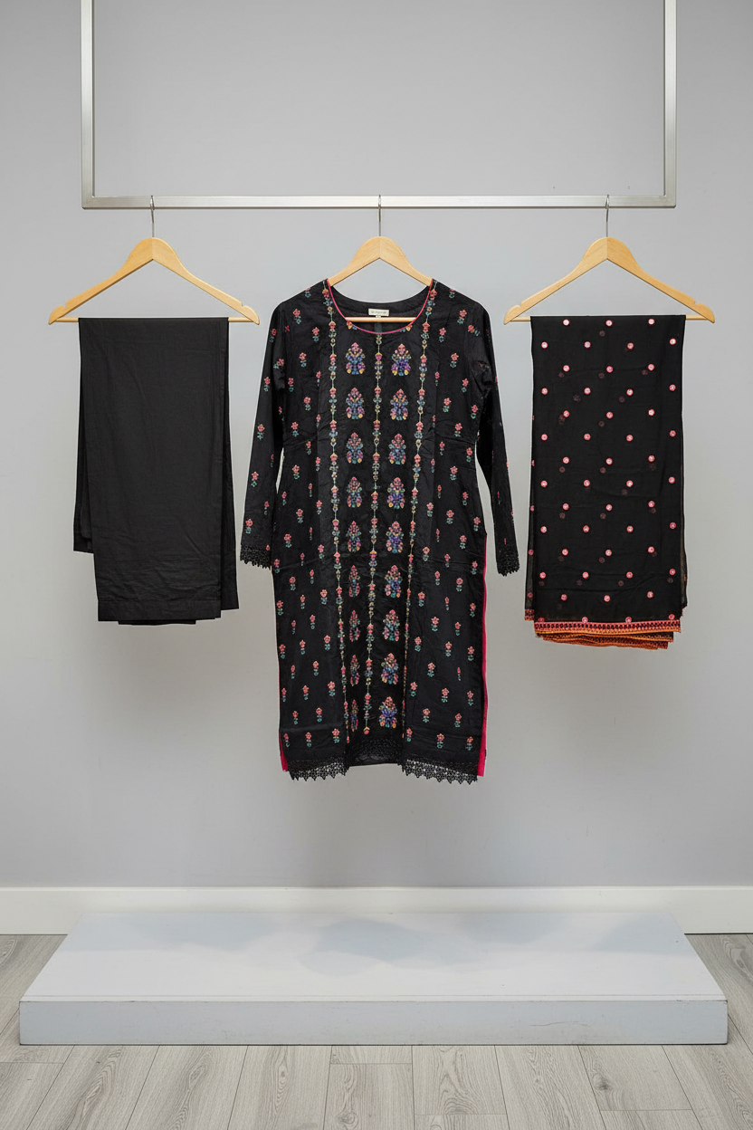 SBR The Midnight Bloom: Pure Cotton Heavy Thread Work Ensemble – Black & Deep Navy Blue with Multi Colour Embroidery | Festive Wear